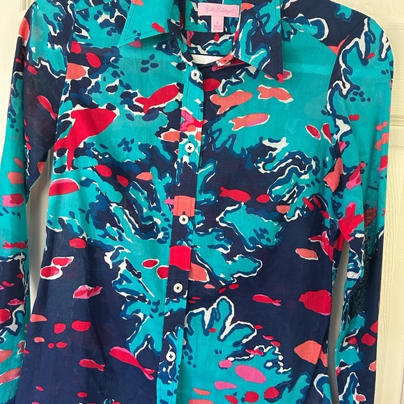 Lilly Pulitzer Vibrant Teal and Coral Blouse - Picture 2 of 5